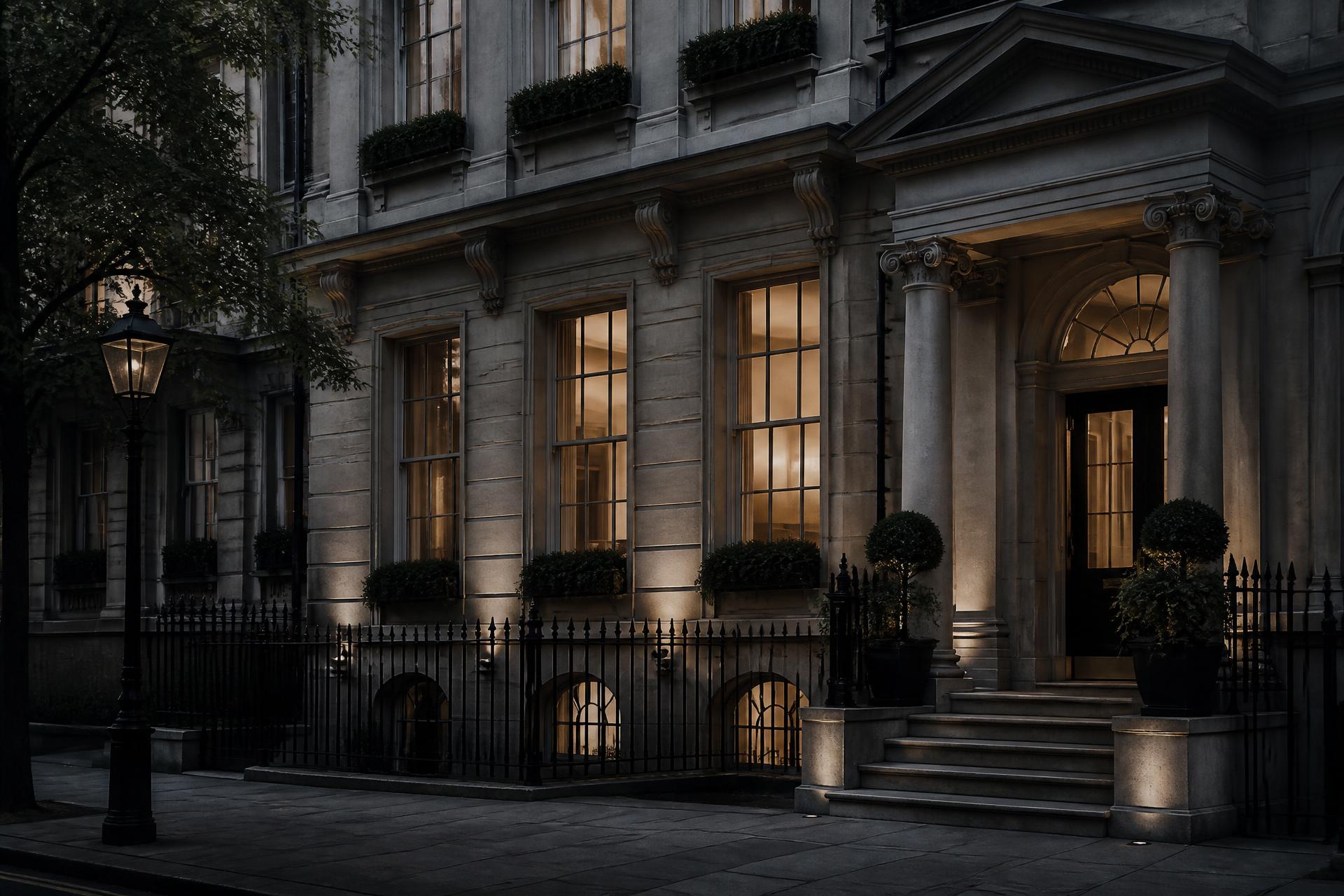 Illuminated Georgian townhouse facade on a London street at dusk
