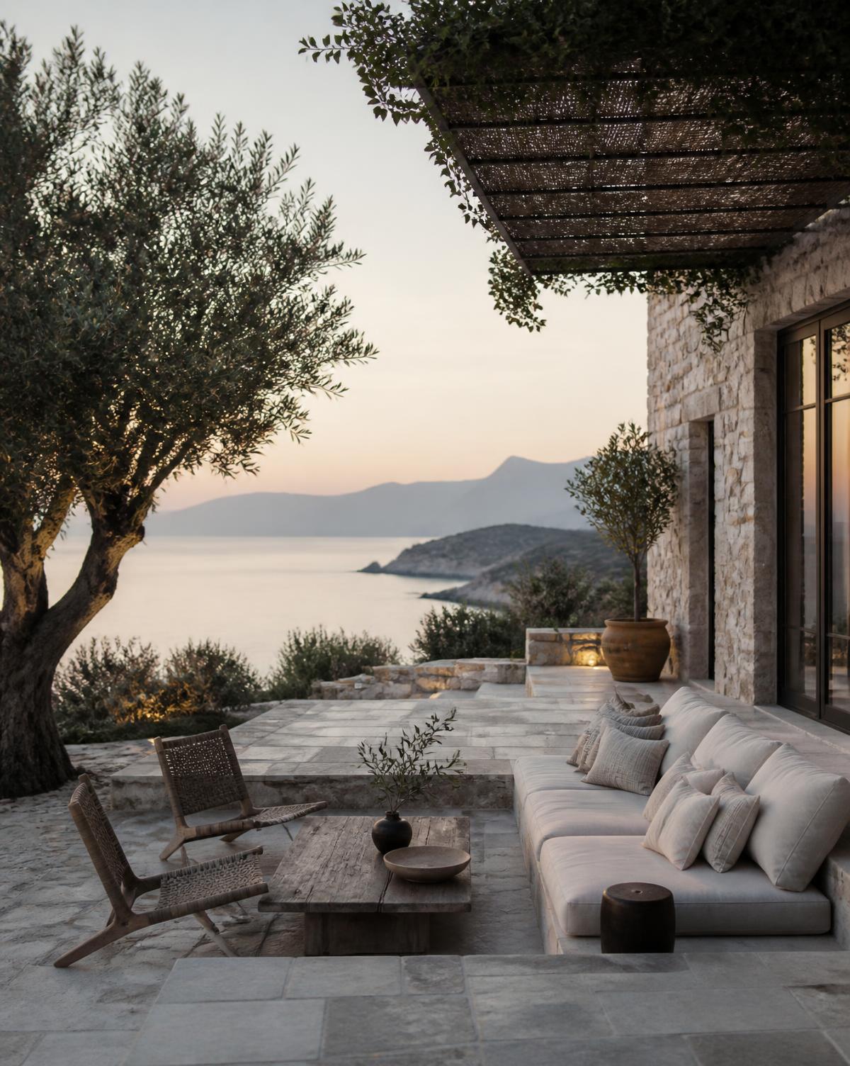 Stone villa terrace with olive trees above the Aegean sea at dusk