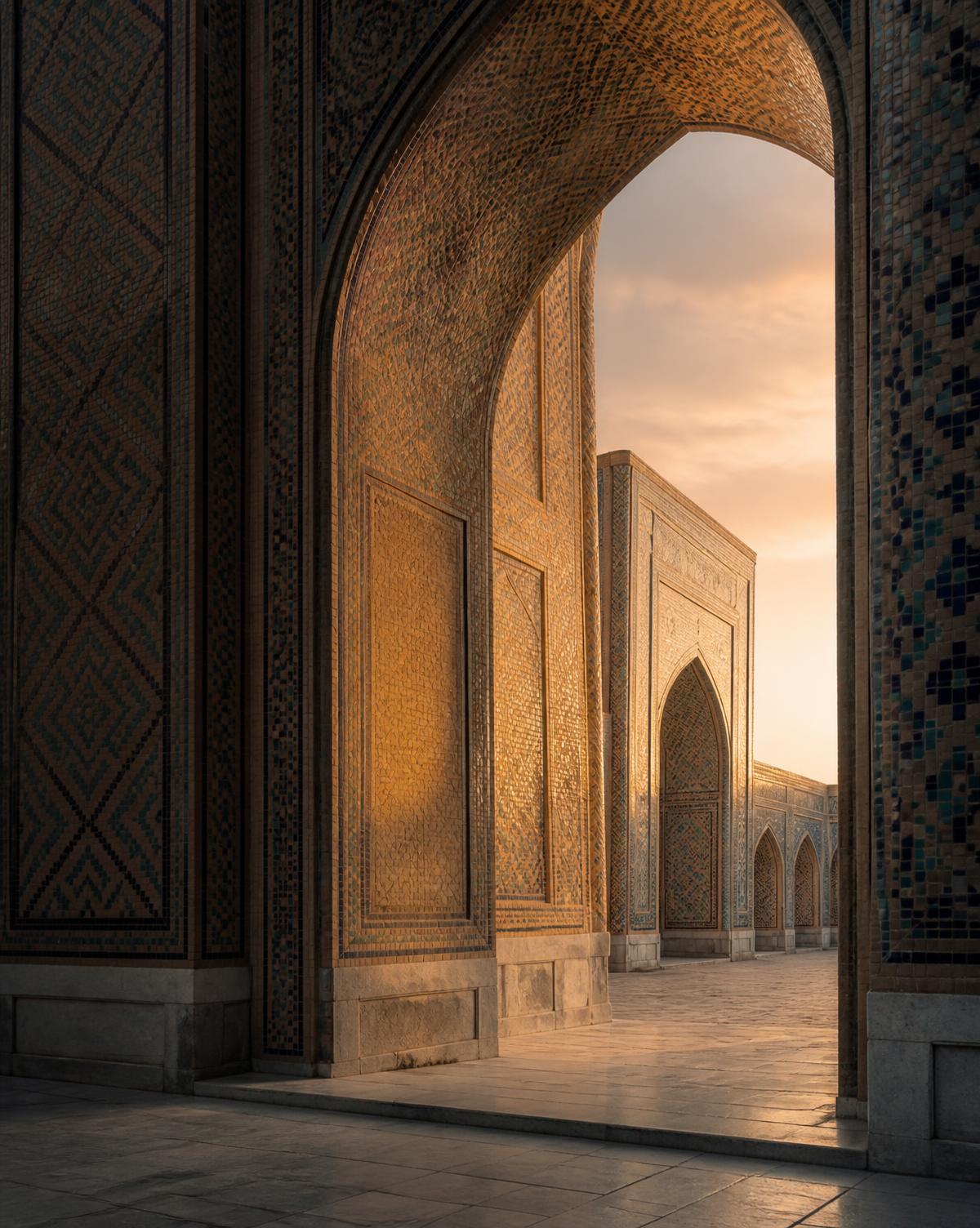Tiled madrasa archway in Samarkand, Uzbekistan, at dusk